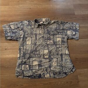 Go Barefoot Casual Blue and White Button Down Shirt with Vintage Print